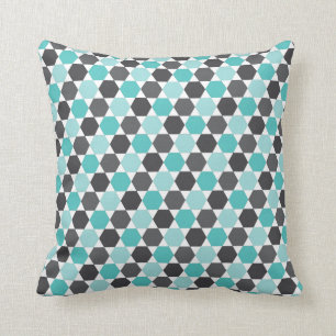Grey and aqua blue geometric hexagon pattern throw pillow