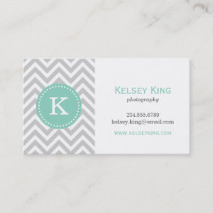 Grey and Aqua Chevron Custom Monogram Business Card