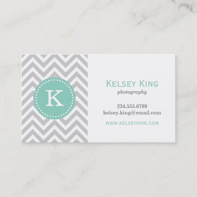 Grey and Aqua Chevron Custom Monogram Business Card (Front)