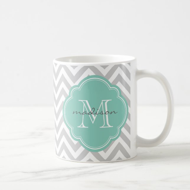 Grey and Aqua Chevron Custom Monogram Coffee Mug (Right)