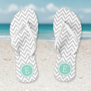 Grey and Aqua Chevron Monogram Flip Flops