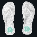 Grey and Aqua Floral Damask Monogram Flip Flops<br><div class="desc">Custom printed flip flop sandals with a stylish elegant floral damask pattern and your custom monogram or other text in a circle frame. Click Customize It to change text fonts and colours or add your own images to create a unique one of a kind design!</div>