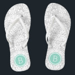 Grey and Aqua Floral Damask Monogram Flip Flops<br><div class="desc">Custom printed flip flop sandals with a stylish elegant floral damask pattern and your custom monogram or other text in a circle frame. Click Customize It to change text fonts and colours or add your own images to create a unique one of a kind design!</div>