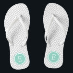 Grey and Aqua Greek Key Monogram Flip Flops<br><div class="desc">Custom printed flip flop sandals with a stylish modern Greek key pattern and your custom monogram or other text in a circle frame. Click Customize It to change text fonts and colours or add your own images to create a unique one of a kind design!</div>