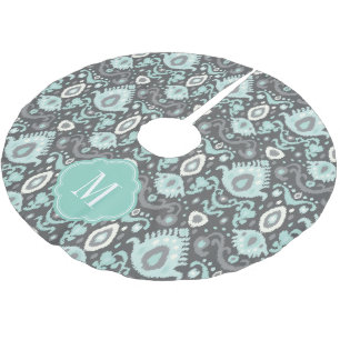 Grey and Aqua Ikat Monogram Brushed Polyester Tree Skirt