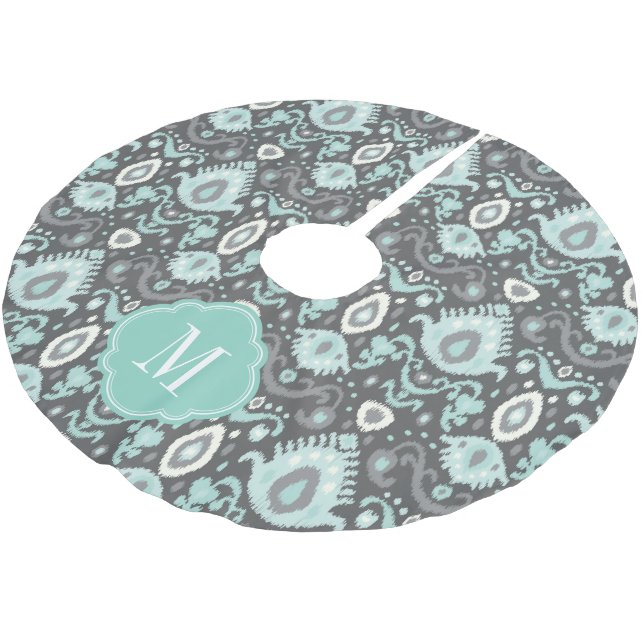 Grey and Aqua Ikat Monogram Brushed Polyester Tree Skirt (Angled)