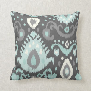 Grey and Aqua Ikat Print Throw Pillow