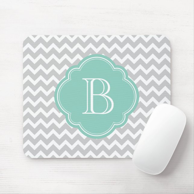 Grey and Aqua Modern Chevron Custom Monogram Mouse Pad (With Mouse)