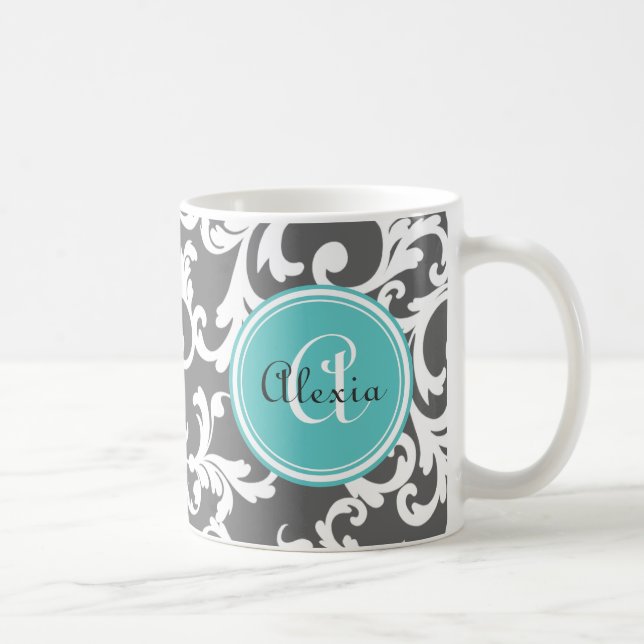 Grey and Aqua Monogrammed Damask Print Coffee Mug (Right)