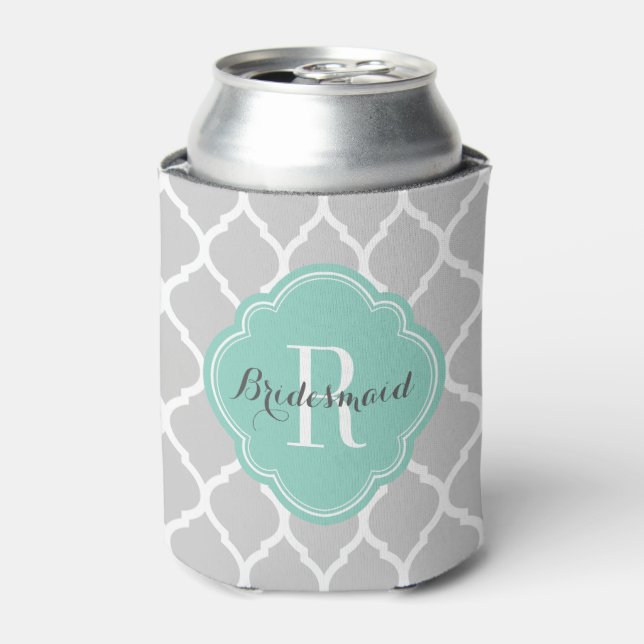 Grey and Aqua Moroccan Quatrefoil Monogram Can Cooler (Can Front)