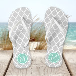 Grey and Aqua Moroccan Quatrefoil Monogram Flip Flops<br><div class="desc">Custom printed flip flop sandals with a stylish Moroccan quatrefoil pattern and your custom monogram or other text in a circle frame. Click Customize It to change text fonts and colours or add your own images to create a unique one of a kind design!</div>