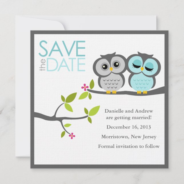 Grey and Aqua Owls Wedding Save the Date (Front)