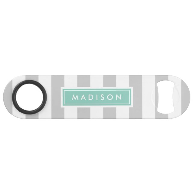 Grey and Aqua Preppy Stripes Monogram Bar Key (Front (Horizontal))