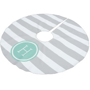 Grey and Aqua Preppy Stripes Monogram Brushed Polyester Tree Skirt