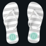 Grey and Aqua Preppy Stripes Monogram Flip Flops<br><div class="desc">Custom printed flip flop sandals with a preppy nautical stripe pattern and your custom monogram or other text in a circle frame. Click Customize It to change text fonts and colours or add your own images to create a unique one of a kind design!</div>