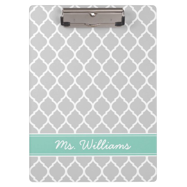 Grey and Aqua Quatrefoil Custom Monogram Clipboard (Front)