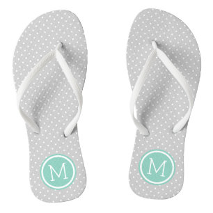 Grey and Aqua Tiny Dots Monogram Flip Flops