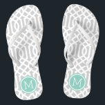 Grey and Aqua Trellis Monogram Flip Flops<br><div class="desc">Custom printed flip flop sandals with a stylish modern trellis pattern and your custom monogram or other text in a circle frame. Click Customize It to change text fonts and colours or add your own images to create a unique one of a kind design!</div>