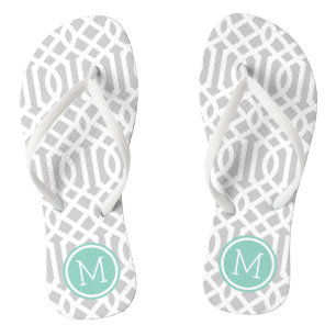 Grey and Aqua Trellis Monogram Flip Flops