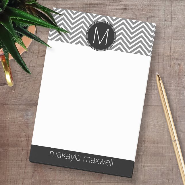 Grey and Black Chevrons with Custom Monogram Post-it Notes (Custom Post-it Note Pads - Add your name and other text)