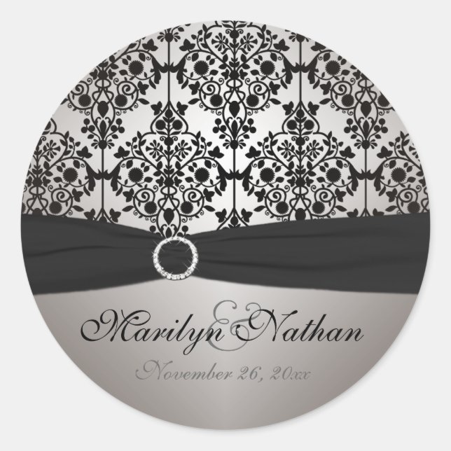 Grey and Black Damask 1.5" Round Sticker (Front)