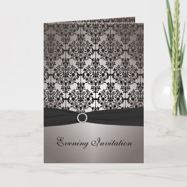 Grey and Black Damask Card Style Evening Invite (Front)
