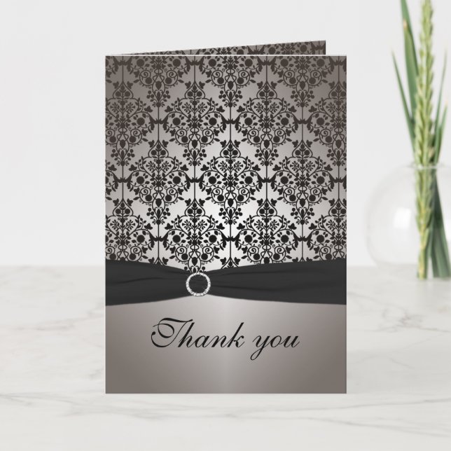 Grey and Black Damask Thank You Card (Front)