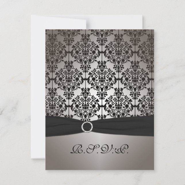 Grey and Black Damask Wedding RSVP Card (Front)