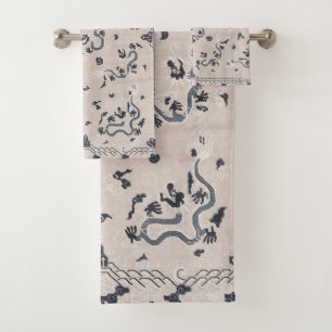 Grey and Black Deco Dragon Art Bath Towel Set