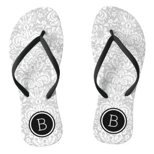 Grey and Black Floral Damask Monogram Flip Flops