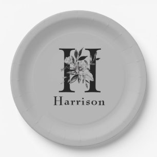 Grey and Black  Floral Monogram Letter H Custom Paper Plate