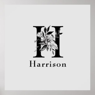 Grey and Black  Floral Monogram Letter H Custom Poster