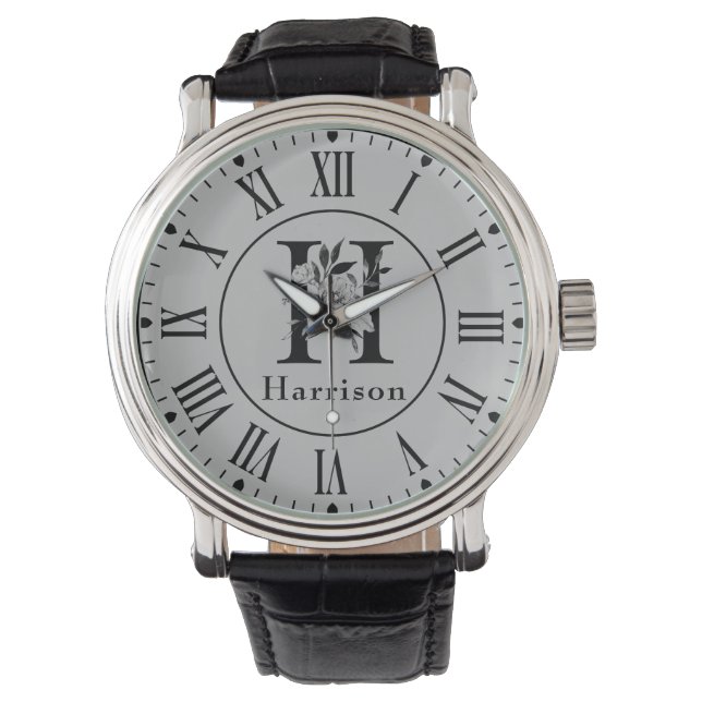 Grey and Black  Floral Monogram Letter H Custom Watch (Front)