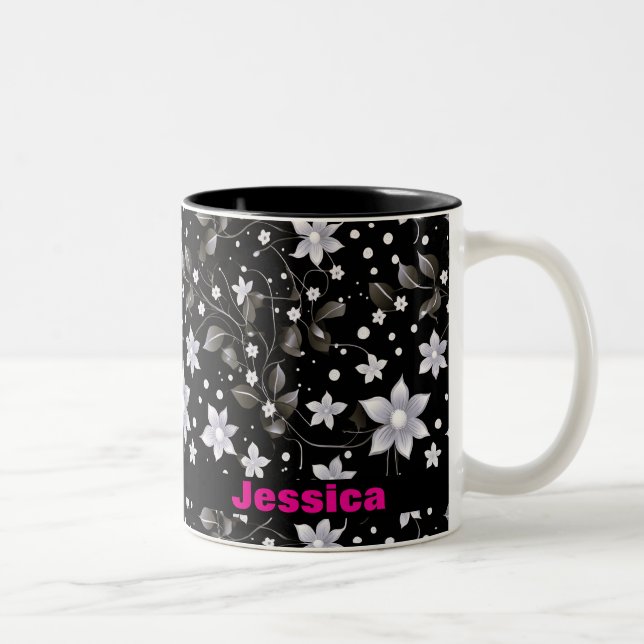 Grey and Black Floral Pattern Two-Tone Coffee Mug (Right)