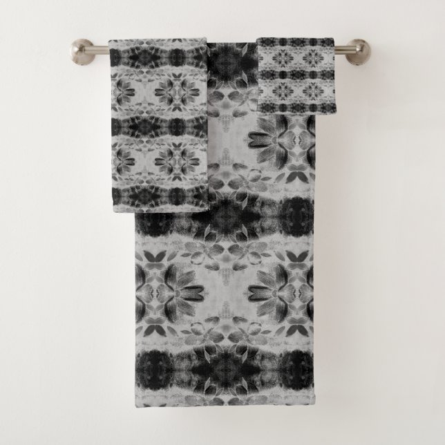 Grey And Black Floral Patterned Bath Towel Set (Insitu)