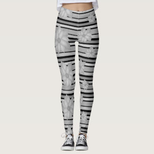 Grey and Black Floral stripe Ladies Leggings