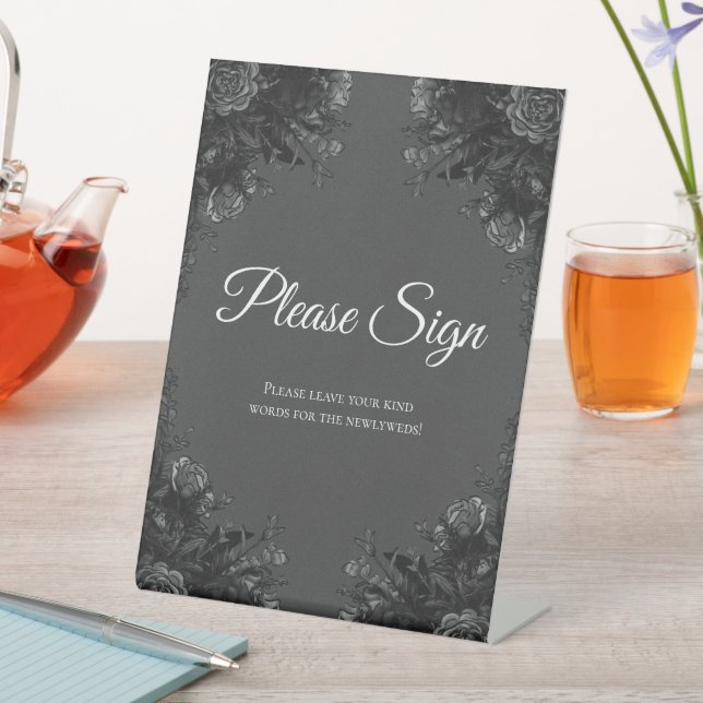 Grey and black floral wedding pedestal sign (In SItu)