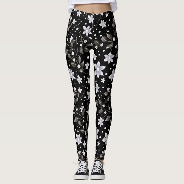 Grey and Black Flower Pattern Leggings (Front)