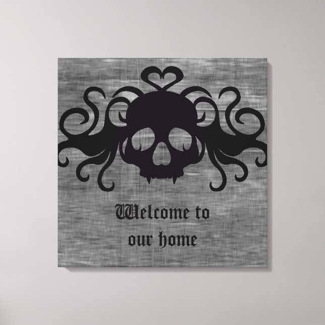 Grey and black goth fanged vampire skull canvas print (Front)
