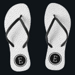 Grey and Black Greek Key Monogram Flip Flops<br><div class="desc">Custom printed flip flop sandals with a stylish modern Greek key pattern and your custom monogram or other text in a circle frame. Click Customize It to change text fonts and colours or add your own images to create a unique one of a kind design!</div>