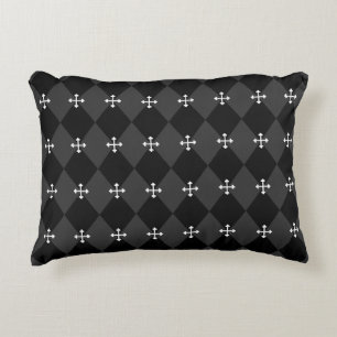 Grey and Black Harlequin Design with Gothic Cross Accent Pillow