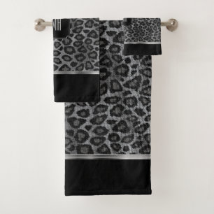 Grey and Black Leopard Pattern with Monogram Bath Towel Set