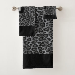 Grey and Black Leopard Pattern with Monogram Bath Towel Set
