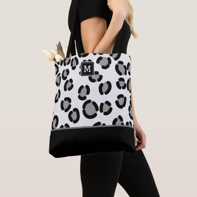Grey and Black Leopard Pattern with Monogram Tote Bag (Close Up)