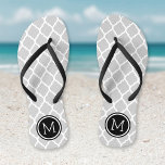 Grey and Black Moroccan Quatrefoil Monogram Flip Flops<br><div class="desc">Custom printed flip flop sandals with a stylish Moroccan quatrefoil pattern and your custom monogram or other text in a circle frame. Click Customize It to change text fonts and colours or add your own images to create a unique one of a kind design!</div>