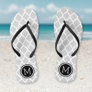 Grey and Black Moroccan Quatrefoil Monogram Flip Flops