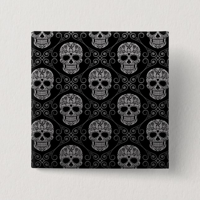 Grey and Black Sugar Skull Pattern 2 Inch Square Button (Front)