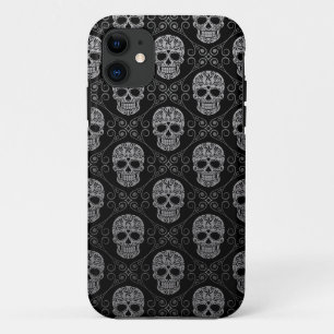 Grey and Black Sugar Skull Pattern iPhone 11 Case