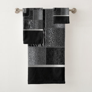 Grey and Black Wild Animal Pattern with Monogram Bath Towel Set