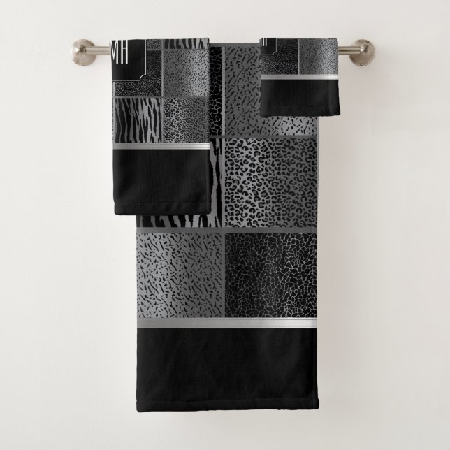 Grey and Black Wild Animal Pattern with Monogram Bath Towel Set (Insitu)